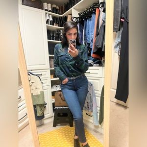 Zara plaid collared long sleeve shirt with rhinestones